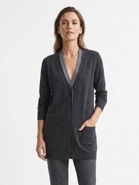 THEORY KRYSSA B PREEN 100% WOOL DARK LIGHT GREY BUTTON DOWN KNITTED CARDIGAN